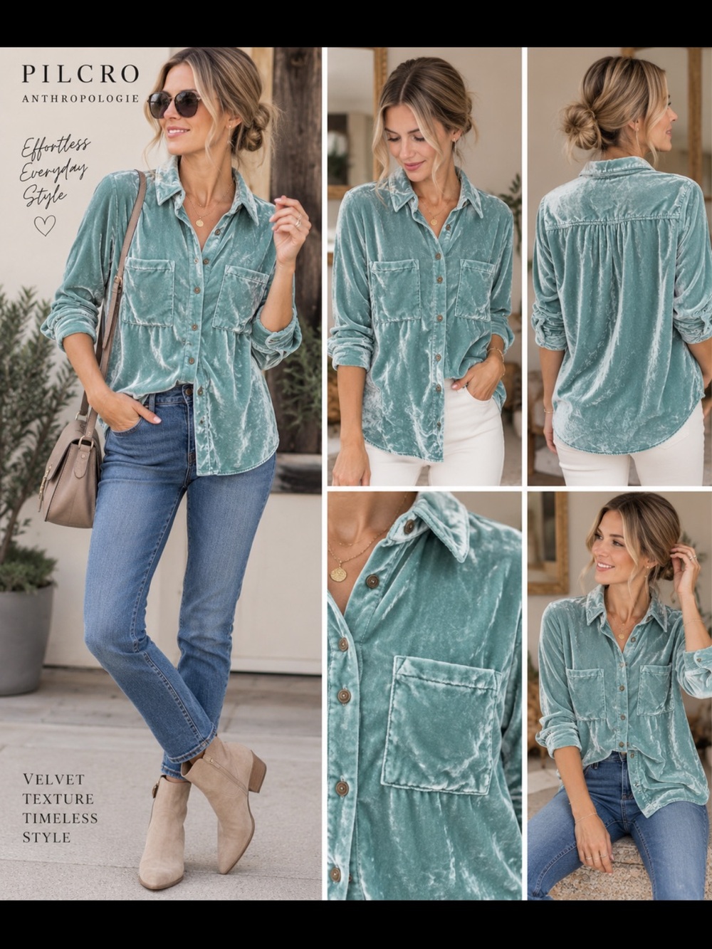 Pilcro crushed Velvet Button-Down Shirt — Seafoam Green. S